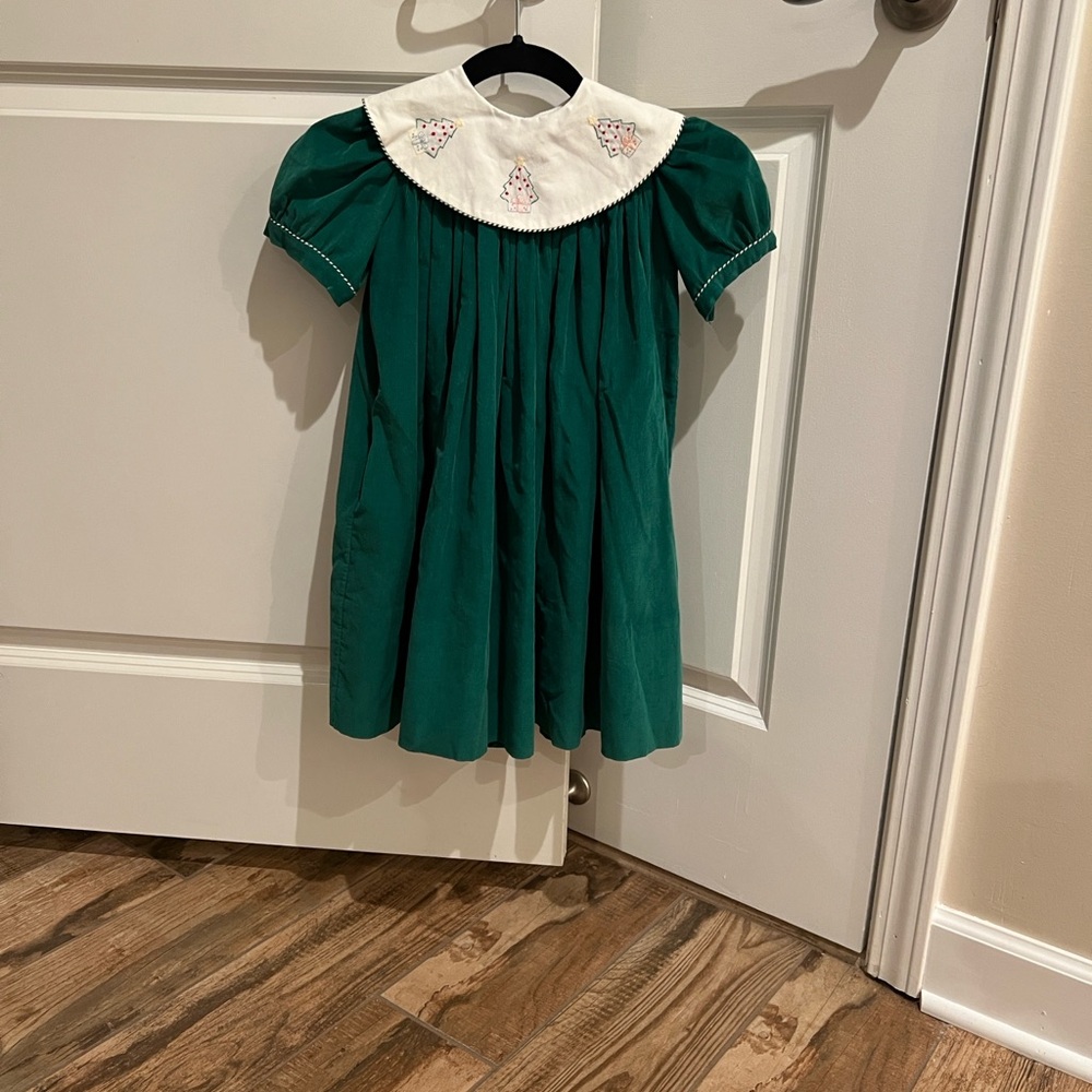 Mela Wilson Green Kids Dress w/ Christmas tree Embroidered Collar